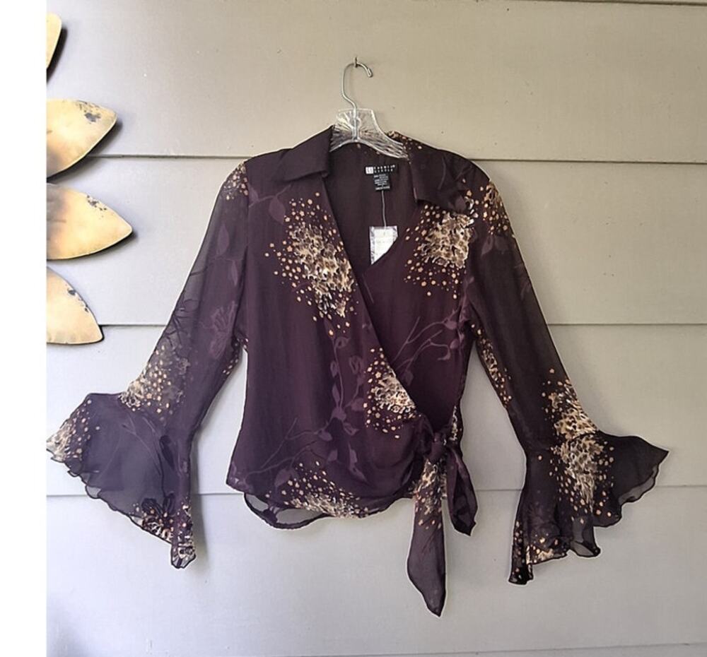 Vtg. Carole Little Silk Bell Sleeve Wrap Blouse Top Purple Gold Whimsygoth S